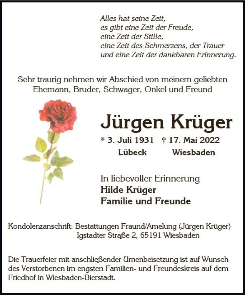  Traueranzeige für Jürgen Krüger vom 28.05.2022 aus vrm-trauer Wiesbadener Kurier
