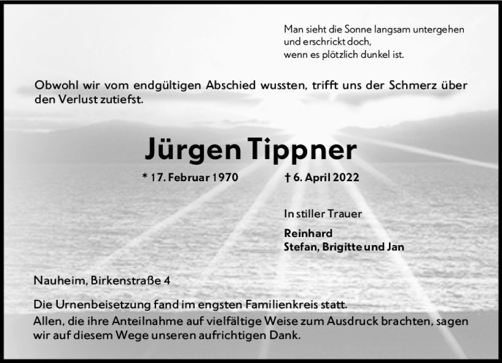  Traueranzeige für Jürgen Tippner vom 07.05.2022 aus vrm-trauer Rüsselsheimer Echo / MainSpitze