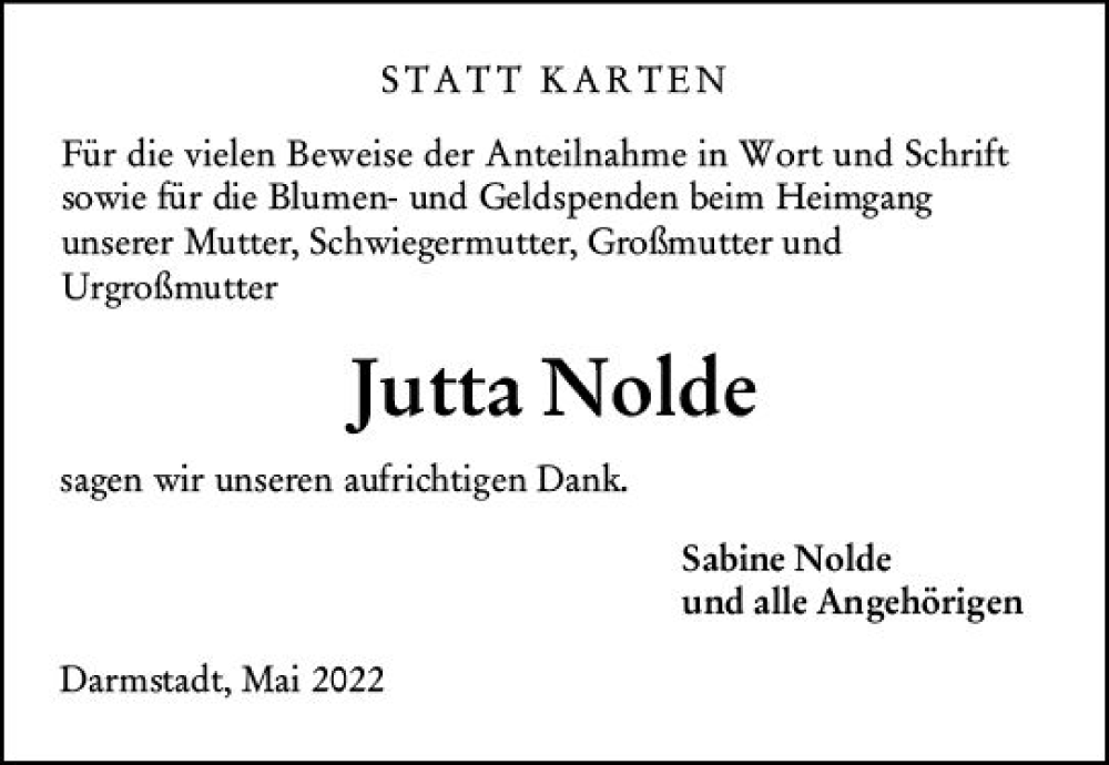  Traueranzeige für Jutta Nolde vom 28.05.2022 aus vrm-trauer Darmstädter Echo