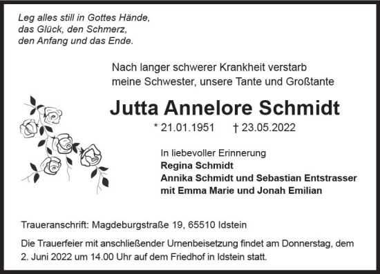 Traueranzeige von Jutta Annelore Schmidt von vrm-trauer Idsteiner Zeitung