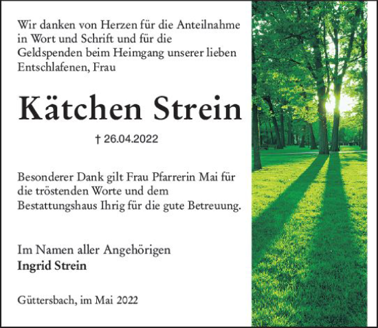 Traueranzeige von Kätchen Strein von vrm-trauer Odenwälder Echo