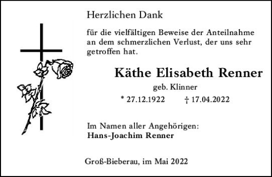 Traueranzeige von Käthe Elisabeth Renner von vrm-trauer Darmstädter Echo