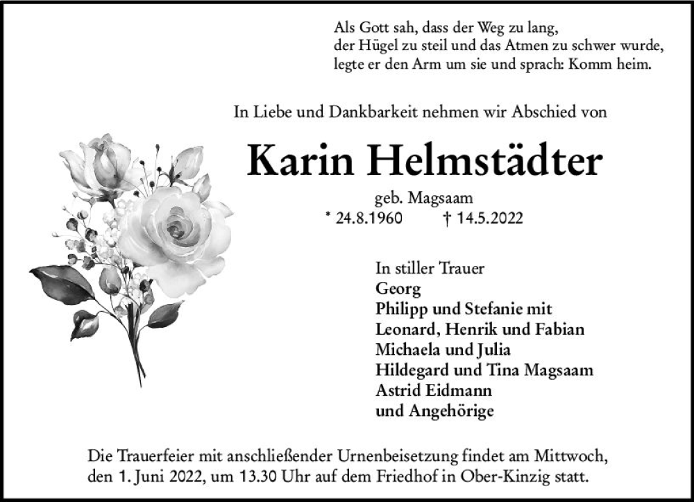  Traueranzeige für Karin Heimstädter vom 28.05.2022 aus vrm-trauer Odenwälder Echo