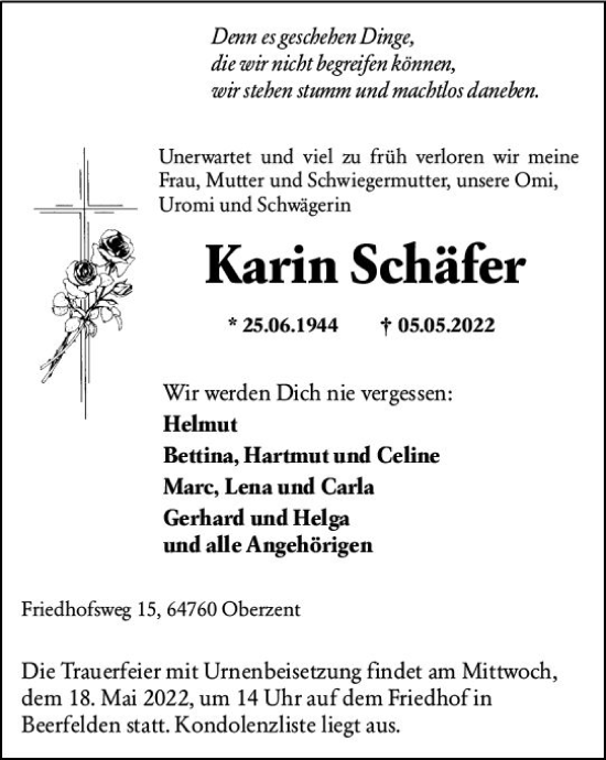 Traueranzeige von Karin Schäfer von vrm-trauer Odenwälder Echo