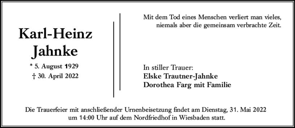  Traueranzeige für Karl-Heinz Jahnke vom 28.05.2022 aus vrm-trauer Wiesbadener Kurier