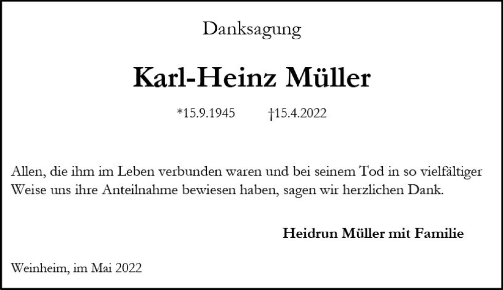  Traueranzeige für Karl-Heinz Müller vom 21.05.2022 aus vrm-trauer Allgemeine Zeitung Alzey