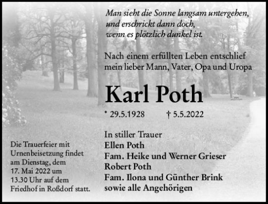 Traueranzeige von Karl Poth von vrm-trauer Darmstädter Echo