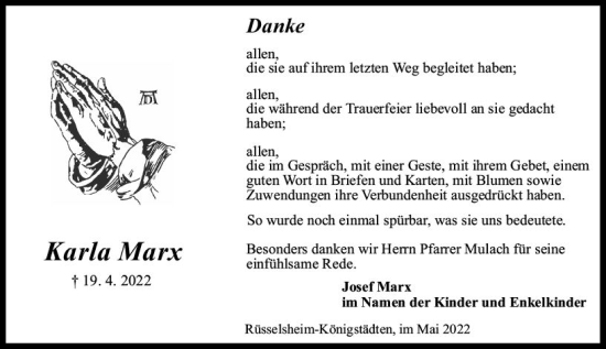 Traueranzeige von Karla Marx von vrm-trauer Rüsselsheimer Echo / MainSpitze