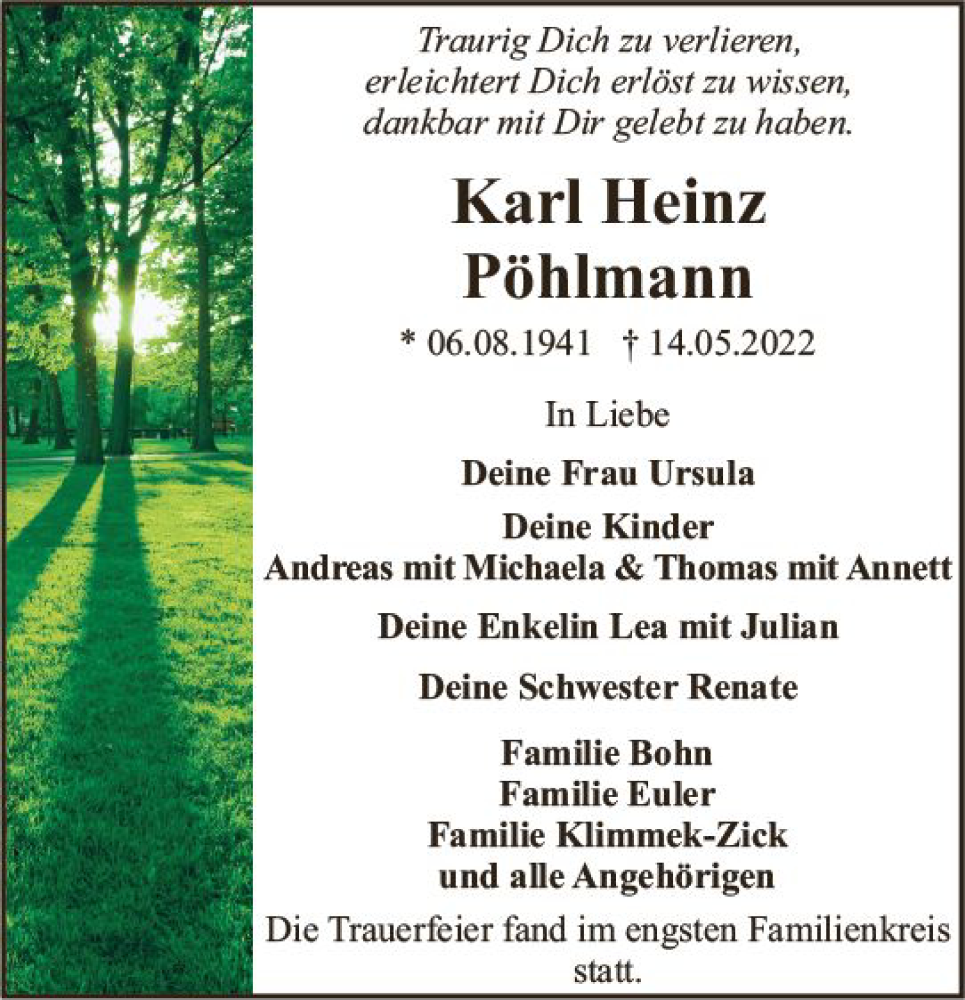  Traueranzeige für Karl Heinz Pöhlmann vom 21.05.2022 aus vrm-trauer Darmstädter Echo