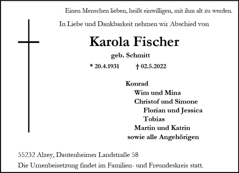  Traueranzeige für Karola Fischer vom 07.05.2022 aus vrm-trauer Allgemeine Zeitung Alzey