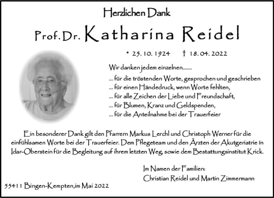 Traueranzeige von Katharina Reidel von vrm-trauer Allgemeine  Zeitung Ingelheim-Bingen