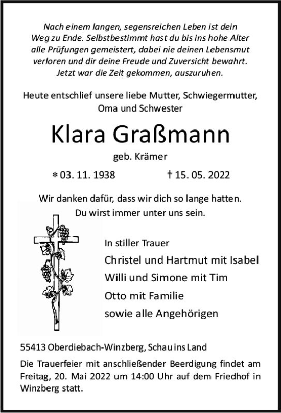 Traueranzeige von Klara Graßmann von vrm-trauer Allgemeine  Zeitung Ingelheim-Bingen