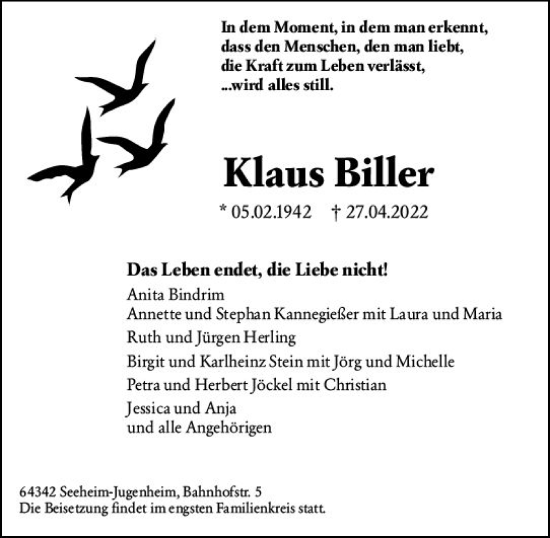 Traueranzeige von Klaus Biller von vrm-trauer Darmstädter Echo