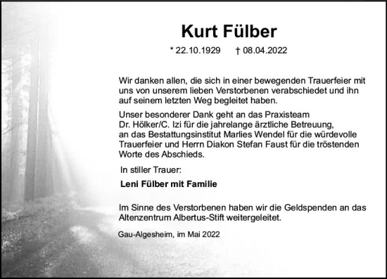 Traueranzeige von Kurt Fülber von vrm-trauer Allgemeine  Zeitung Ingelheim-Bingen