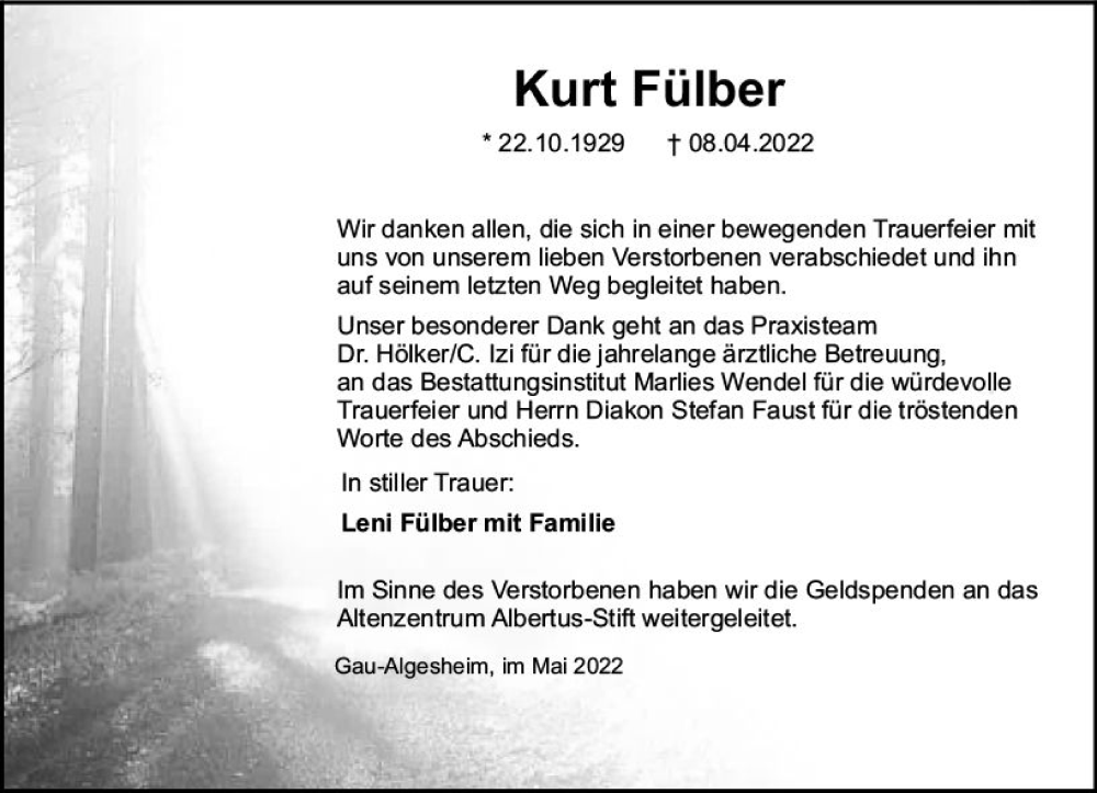  Traueranzeige für Kurt Fülber vom 14.05.2022 aus vrm-trauer Allgemeine  Zeitung Ingelheim-Bingen