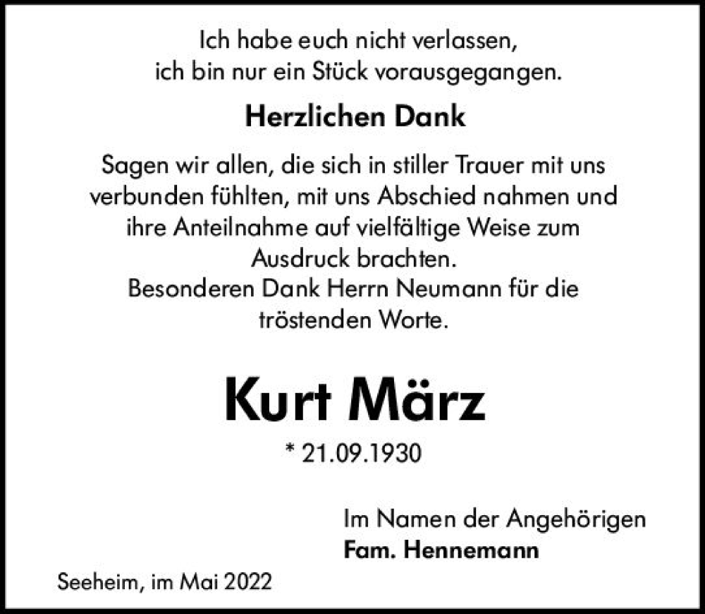  Traueranzeige für Kurt März vom 21.05.2022 aus vrm-trauer Darmstädter Echo
