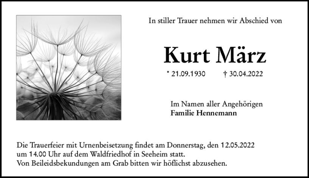 Traueranzeige für Kurt März vom 07.05.2022 aus vrm-trauer Darmstädter Echo