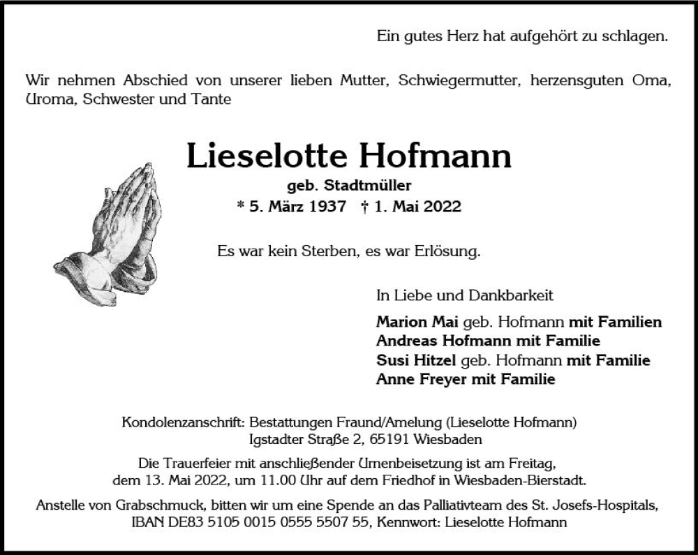  Traueranzeige für Lieselotte Hofmann vom 07.05.2022 aus vrm-trauer Wiesbadener Kurier