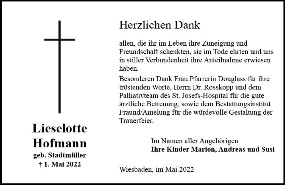  Traueranzeige für Lieselotte Hofmann vom 28.05.2022 aus vrm-trauer Wiesbadener Kurier