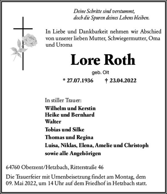 Traueranzeige von Lore Roth von vrm-trauer Odenwälder Echo