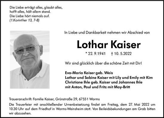 Traueranzeige von Lothar Kaiser von vrm-trauer Wormser Zeitung