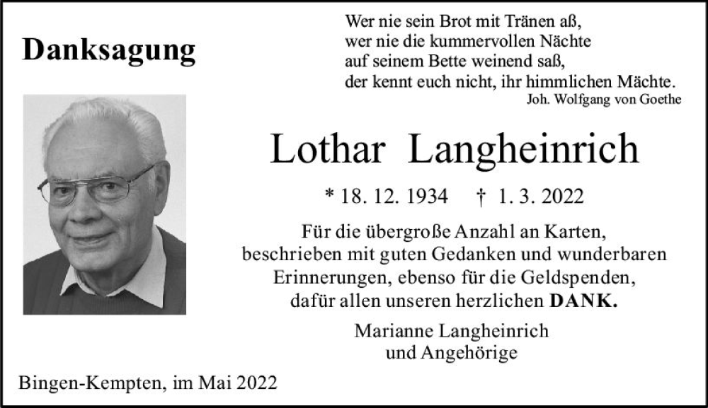  Traueranzeige für Lothar Langheinrich vom 07.05.2022 aus vrm-trauer Allgemeine  Zeitung Ingelheim-Bingen