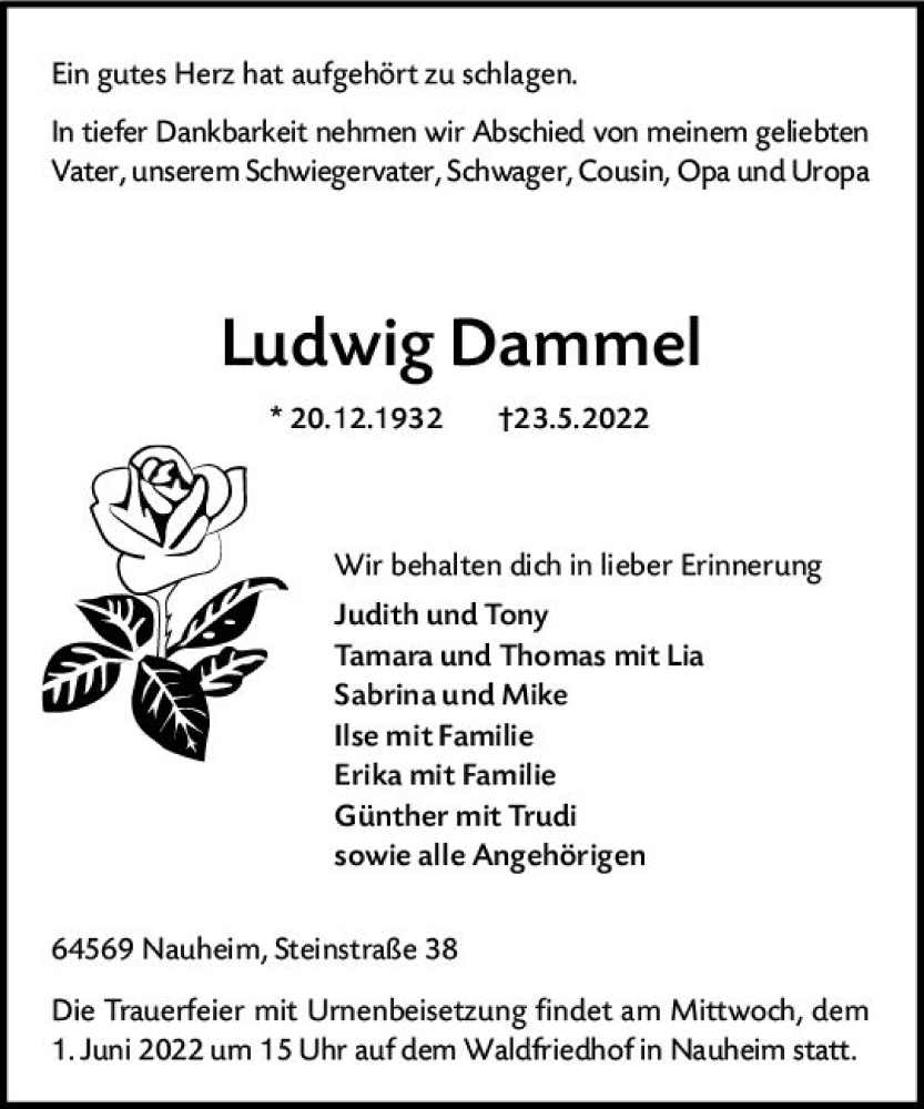  Traueranzeige für Ludwig Dammel vom 28.05.2022 aus vrm-trauer Groß-Gerauer Echo