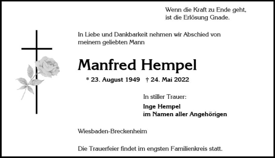 Traueranzeige von Manfred Hempel von vrm-trauer Wiesbadener Kurier