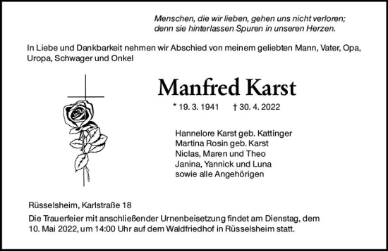 Traueranzeige von Manfred Karst von vrm-trauer Rüsselsheimer Echo / MainSpitze