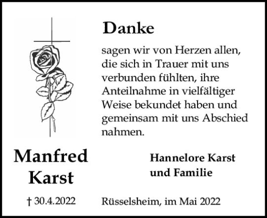 Traueranzeige von Manfred Karst von vrm-trauer Rüsselsheimer Echo / MainSpitze