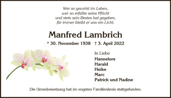 Traueranzeige von Manfred Lambrich von vrm-trauer Wiesbadener Kurier