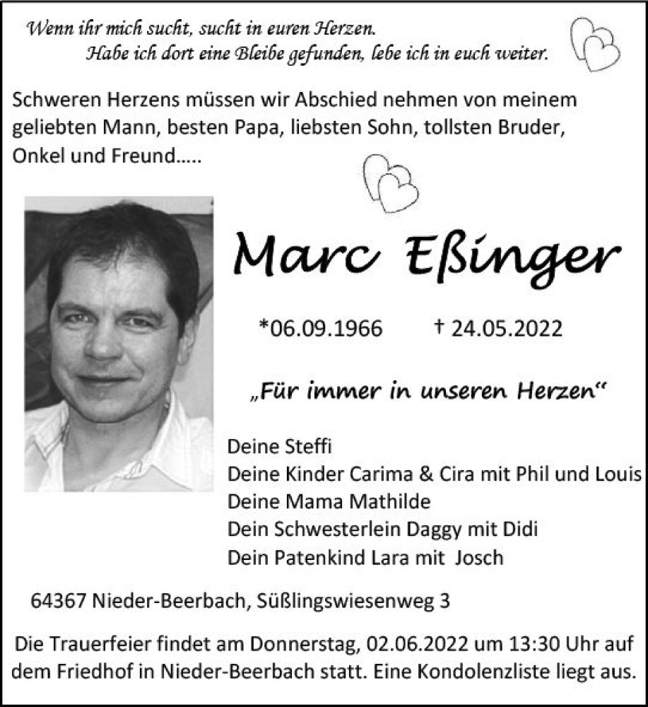  Traueranzeige für Marc Eßinger vom 31.05.2022 aus vrm-trauer Darmstädter Echo