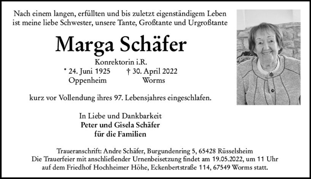  Traueranzeige für Marga Schäfer vom 14.05.2022 aus vrm-trauer Wormser Zeitung