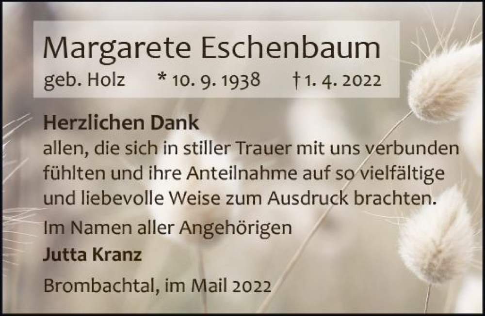  Traueranzeige für Margarete Eschenbaum vom 07.05.2022 aus vrm-trauer Odenwälder Echo