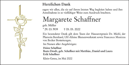 Traueranzeige von Margarete Schaffner von vrm-trauer Groß-Gerauer Echo
