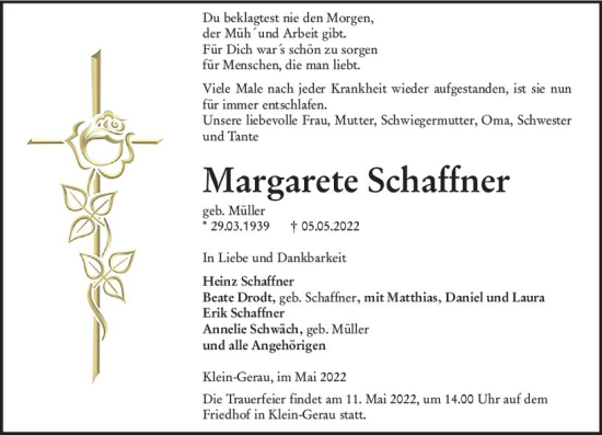 Traueranzeige von Margarete Schaffner von vrm-trauer Groß-Gerauer Echo