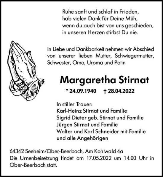 Traueranzeige von Margaretha Stirnat von vrm-trauer Darmstädter Echo