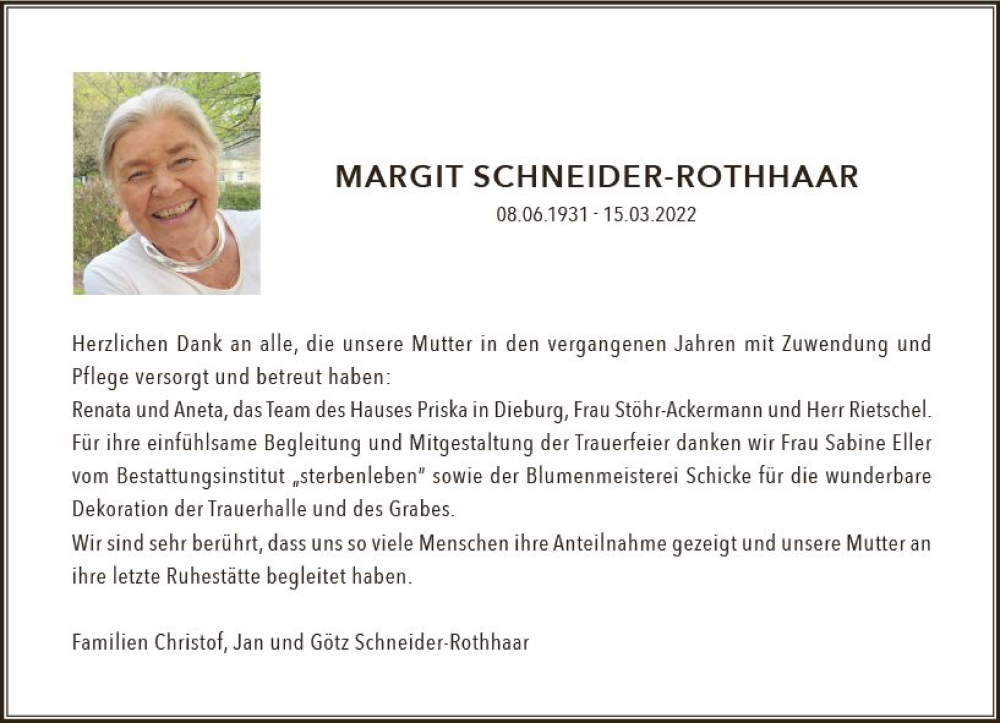  Traueranzeige für Margit Schneider-Rothhaar vom 14.05.2022 aus vrm-trauer Darmstädter Echo
