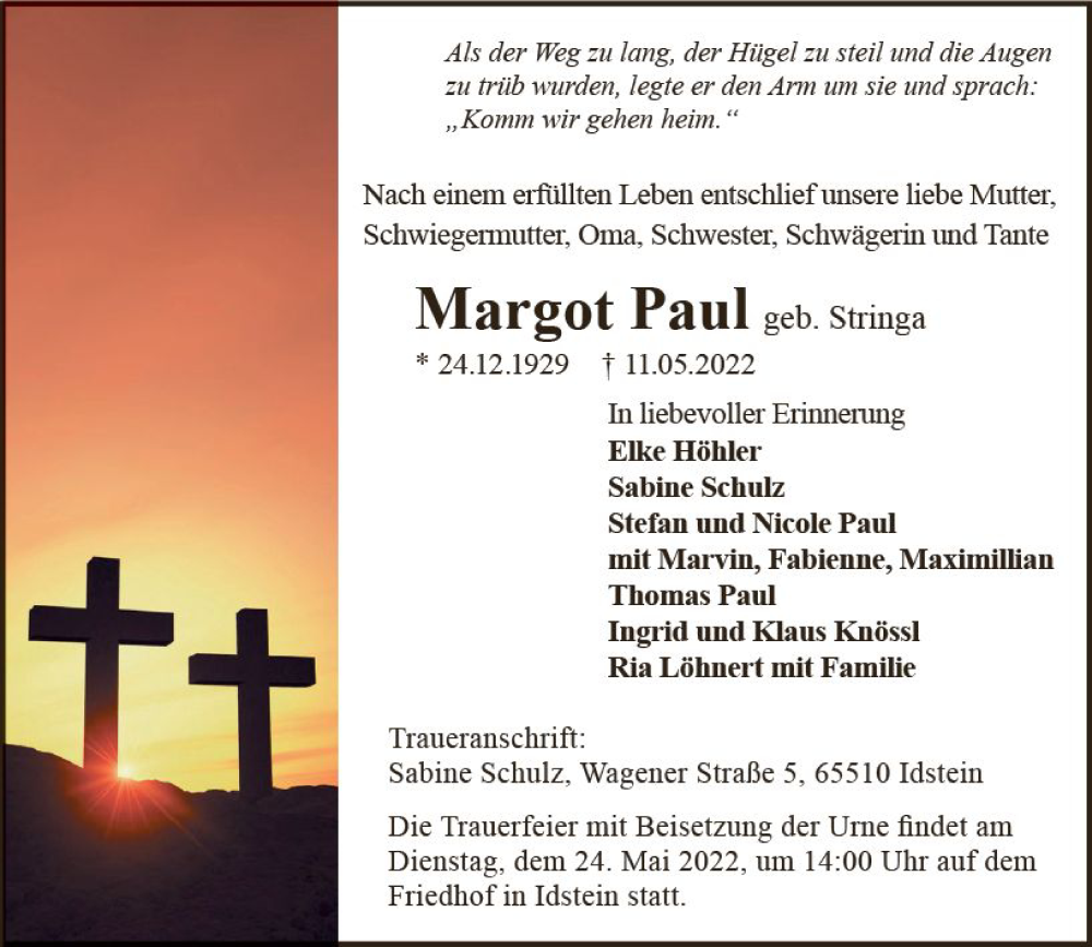  Traueranzeige für Margot Paul vom 21.05.2022 aus vrm-trauer Idsteiner Zeitung