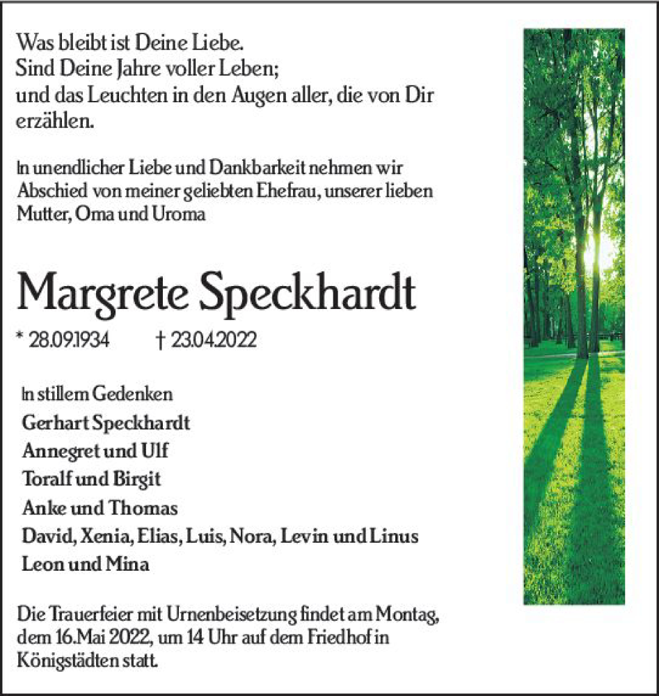  Traueranzeige für Margrete Speckhardt vom 09.05.2022 aus vrm-trauer Rüsselsheimer Echo / MainSpitze