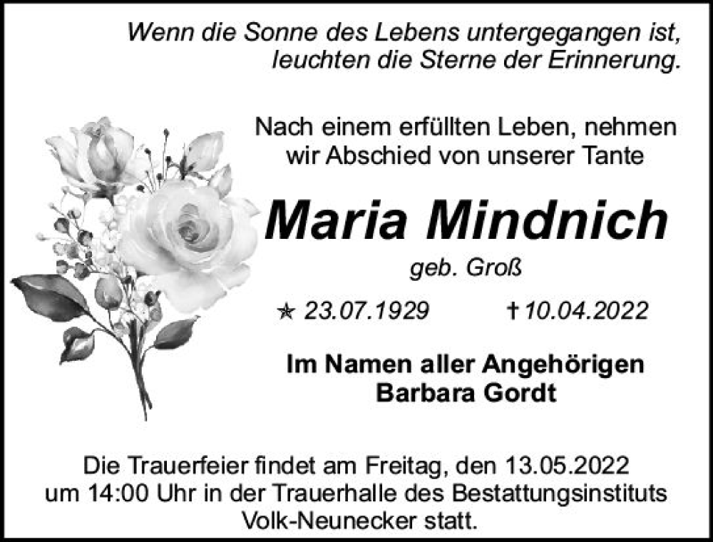  Traueranzeige für Maria Mindnich vom 07.05.2022 aus vrm-trauer AZ Mainz
