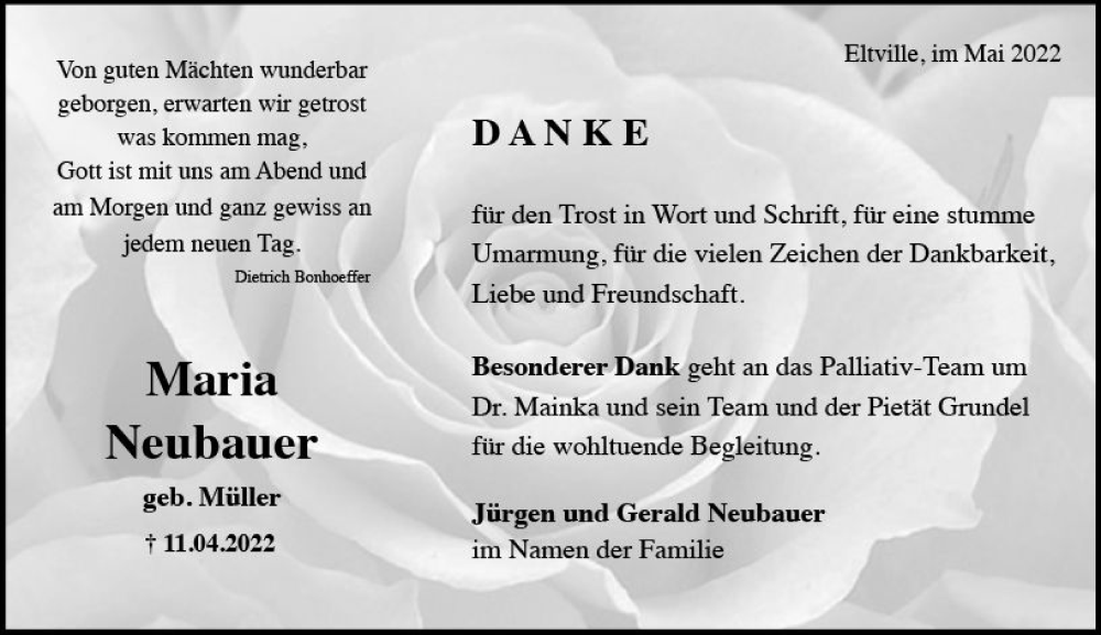  Traueranzeige für Maria Neubauer vom 21.05.2022 aus vrm-trauer Wiesbadener Kurier