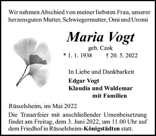 Traueranzeige von Maria Vogt von vrm-trauer Rüsselsheimer Echo / MainSpitze