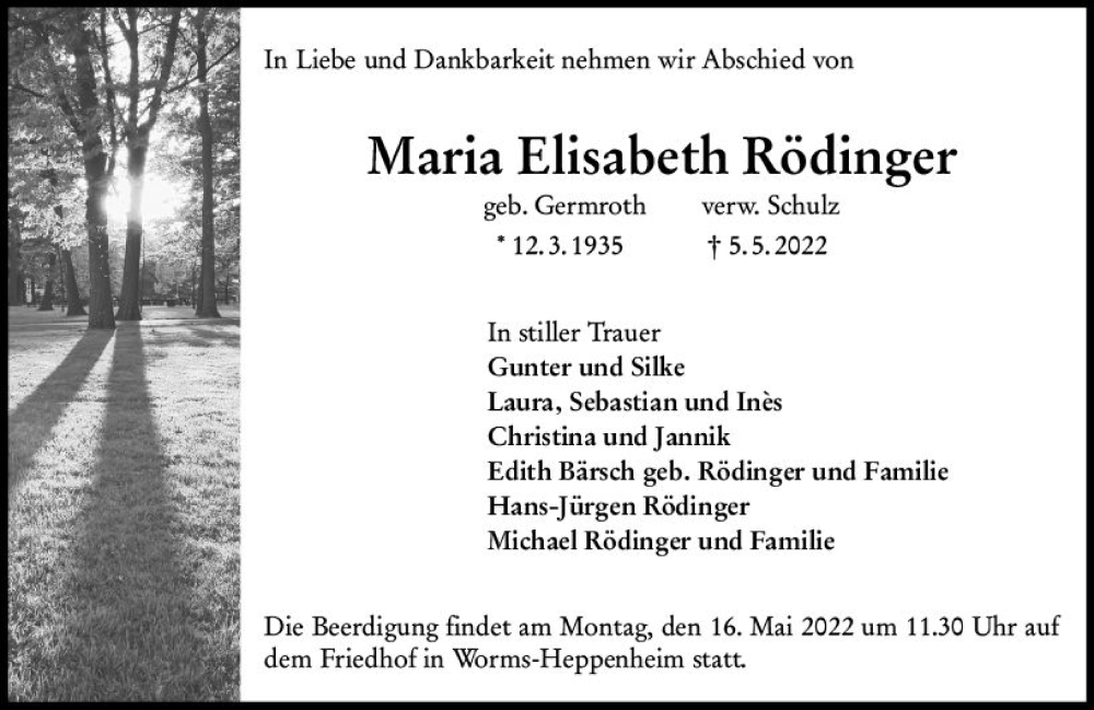  Traueranzeige für Maria Elisabeth Rödinger vom 12.05.2022 aus vrm-trauer Wormser Zeitung
