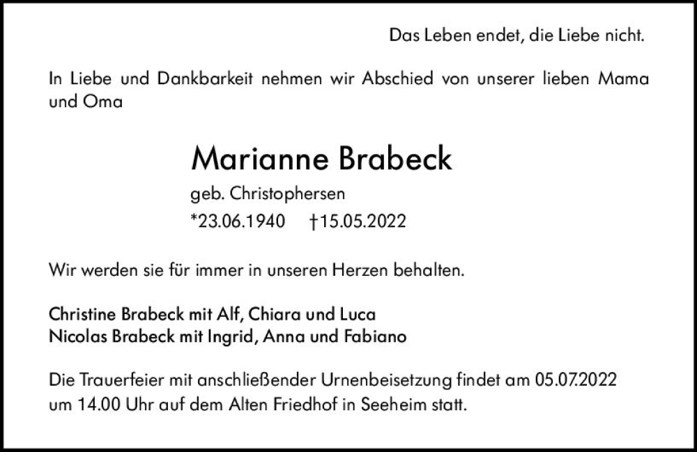  Traueranzeige für Marianne Brabeck vom 28.05.2022 aus vrm-trauer Darmstädter Echo