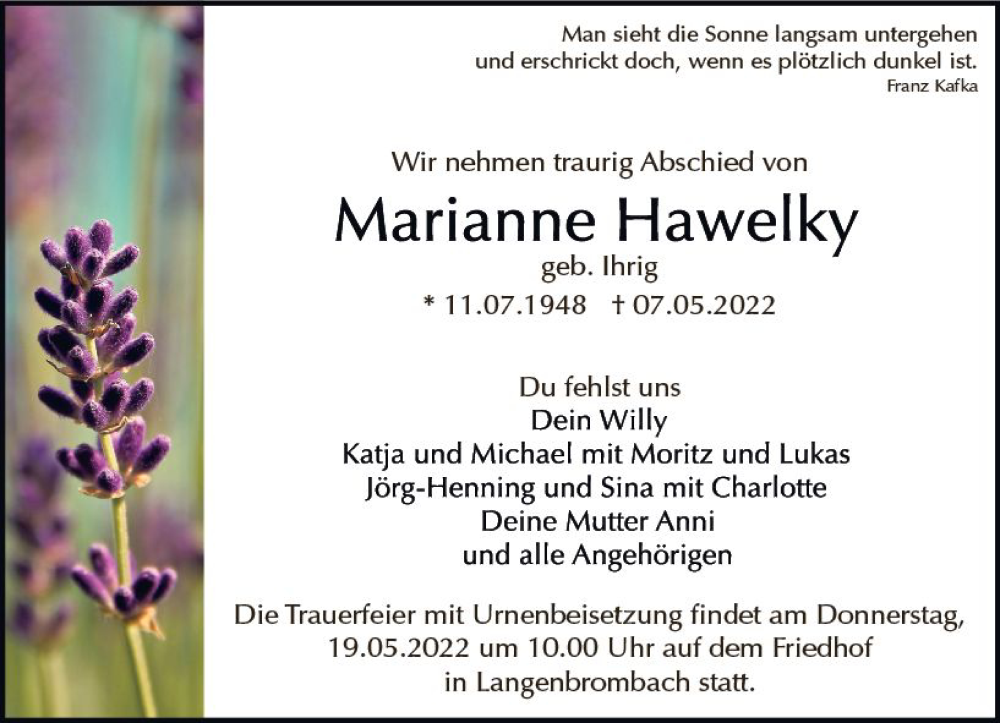  Traueranzeige für Marianne Hawelky vom 14.05.2022 aus vrm-trauer Odenwälder Echo