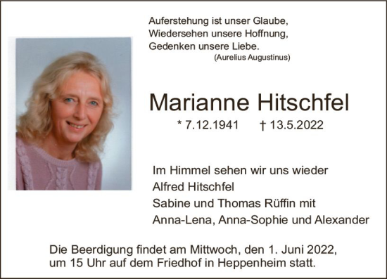 Traueranzeige von Marianne Hitschfel von vrm-trauer Bürstädter/Lamperth. Ztg/Starkenburger