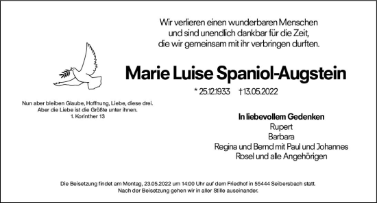 Traueranzeige von Marie Luise Spaniol-Augstein von vrm-trauer Allg. Zeitung Bad Kreuznach