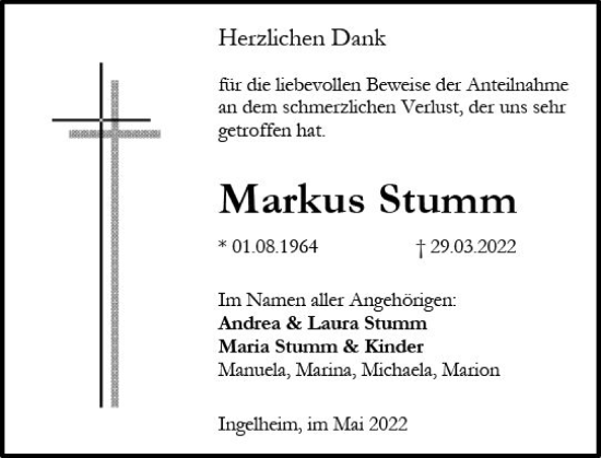 Traueranzeige von Markus Stumm von vrm-trauer Allgemeine  Zeitung Ingelheim-Bingen