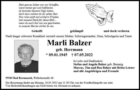 Traueranzeige von Marli Balzer von vrm-trauer Allg. Zeitung Bad Kreuznach